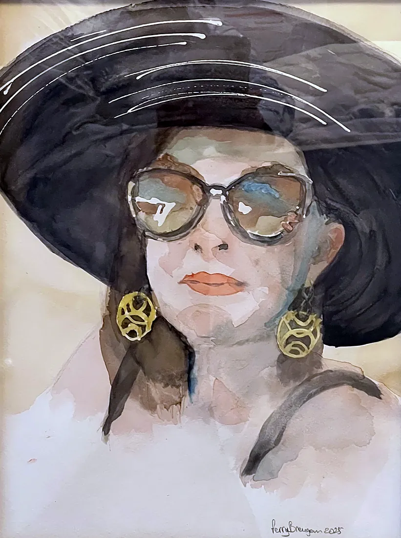 Vrouw met zwarte hoed, aquarel van Ferry Breugem