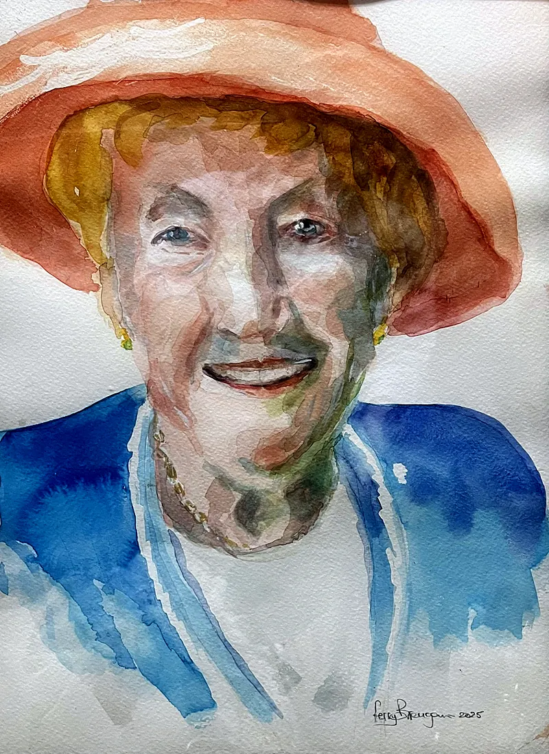 Vrouw met roze hoed, aquarel van Ferry Breugem