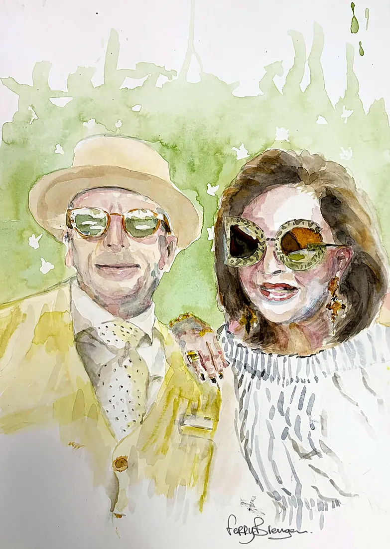 Dubbelportret met zonnebrillen, aquarel van Ferry Breugem