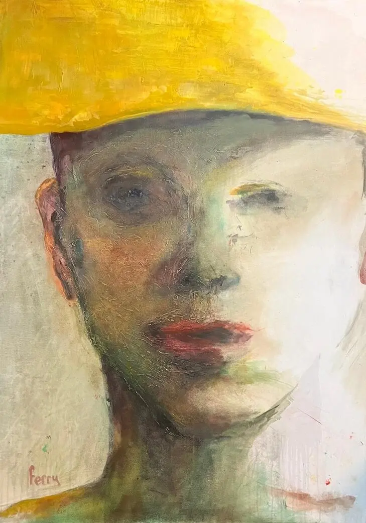Portret met gele hoed, olieverf van Ferry Breugem