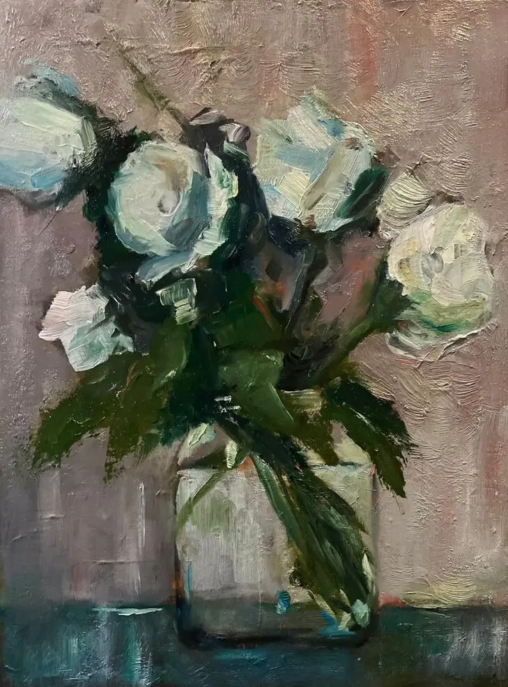 Witte rozen, olieverf van Ferry Breugem