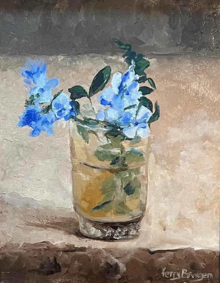 Blauwe bloemen, olieverf van Ferry Breugem