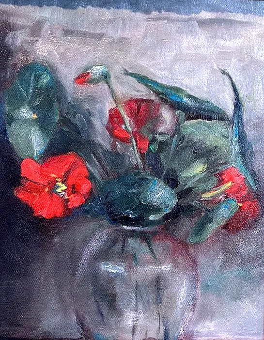 Glazen vaas met rode bloemen, olieverf van Ferry Breugem